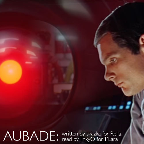 Red tinged image of Hal 9000 observing a pensive looking Dave Bowman.